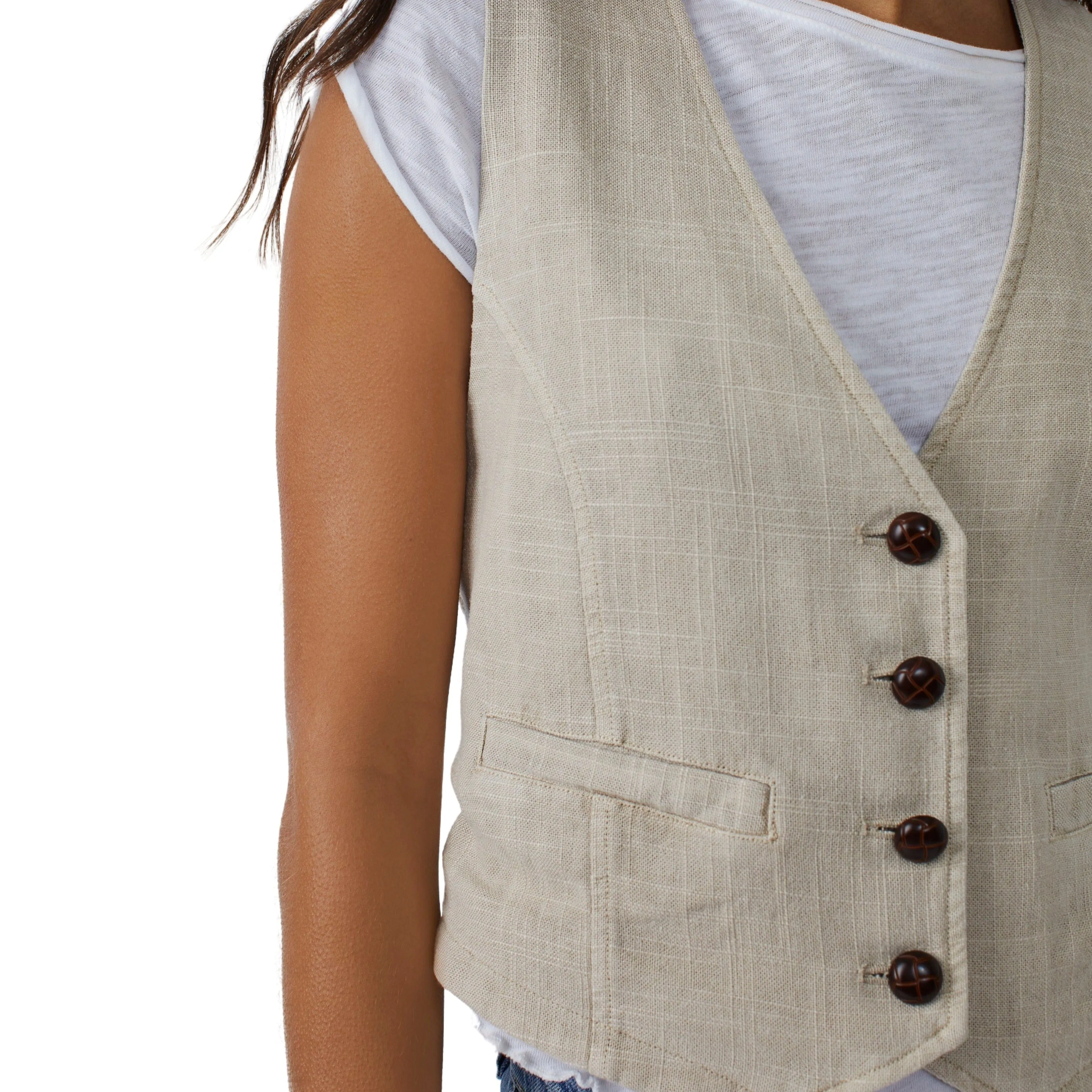 Free People Charley Linen Vest Summer Khaki