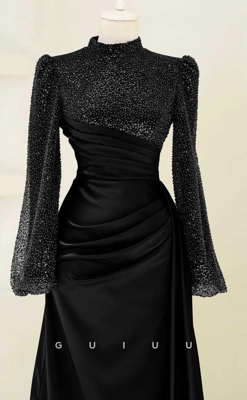 G3994 - Classic & Timeless Sheath High Neck Sequined and Draped Floor-Length Formal Party Prom Dress with Long Sleeves and Overlay