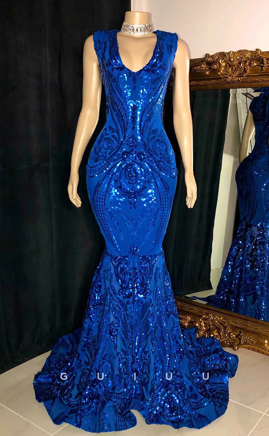 G4559 - Elegant Mermaid V Neck Fully Sequined Prom Dress with Train