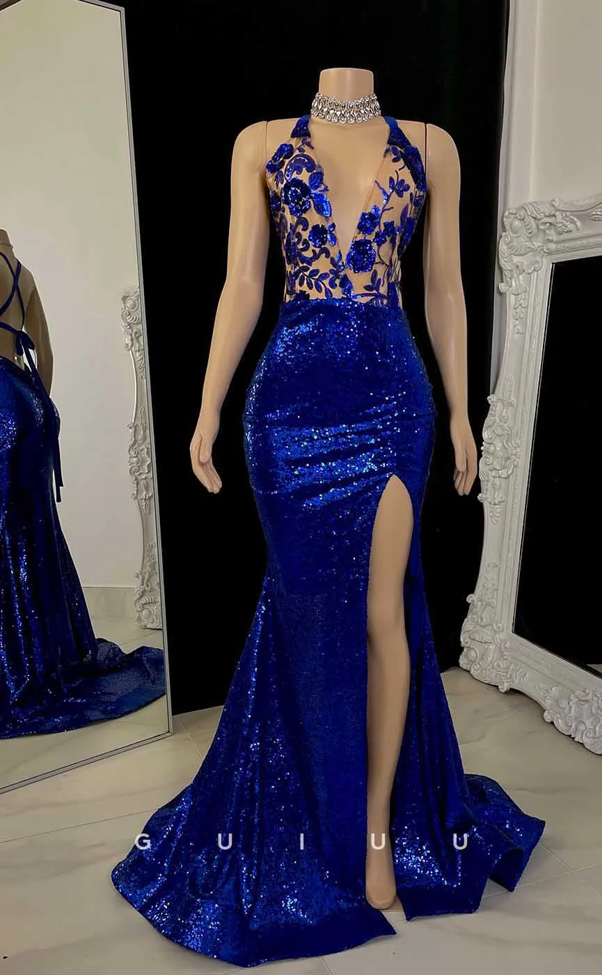 G4560 - Chic & Modern Sheath Deep V Neck Halter Appliques and Sequined Crisss-Cross Up Prom Party Dress with Slit and Train