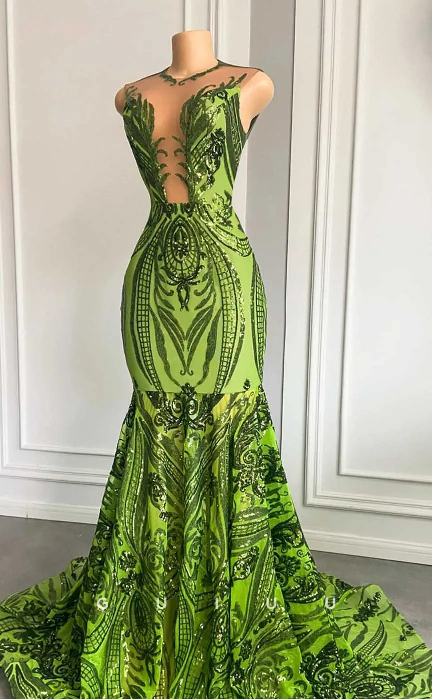 G4582 -  Unique Mermaid Sleeveless Sequined Green Party Prom Dress with Court Train