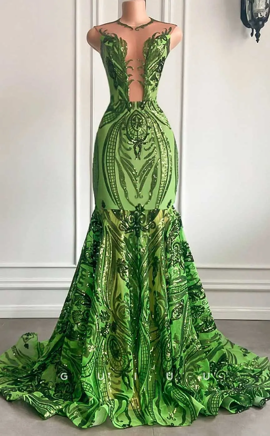 G4582 -  Unique Mermaid Sleeveless Sequined Green Party Prom Dress with Court Train