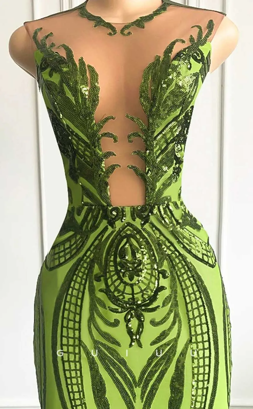 G4582 -  Unique Mermaid Sleeveless Sequined Green Party Prom Dress with Court Train