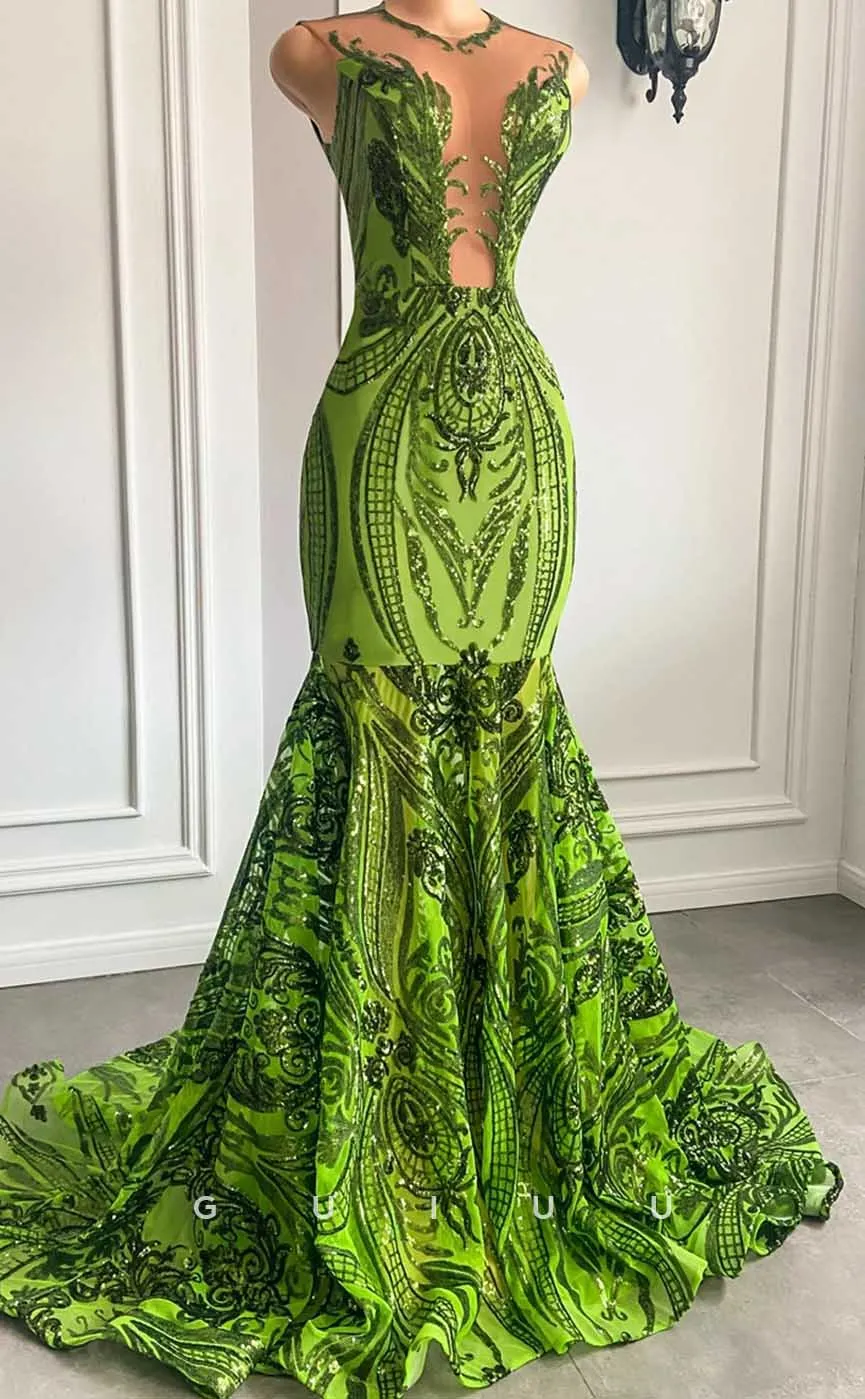 G4582 -  Unique Mermaid Sleeveless Sequined Green Party Prom Dress with Court Train