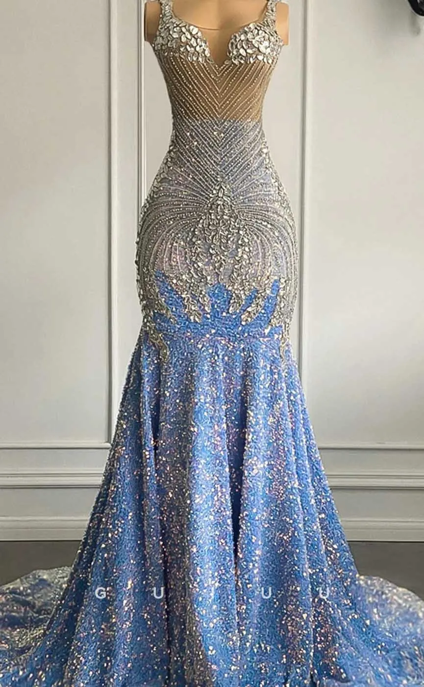 G4583 - Glitter & Glamorous Mermaid V Neck Sleeveless Fully Sequined Prom Party Gown with Train