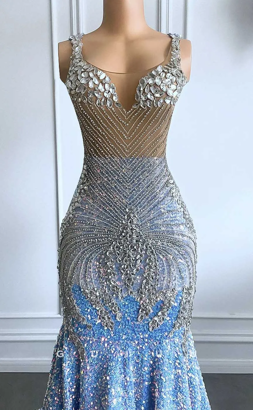 G4583 - Glitter & Glamorous Mermaid V Neck Sleeveless Fully Sequined Prom Party Gown with Train