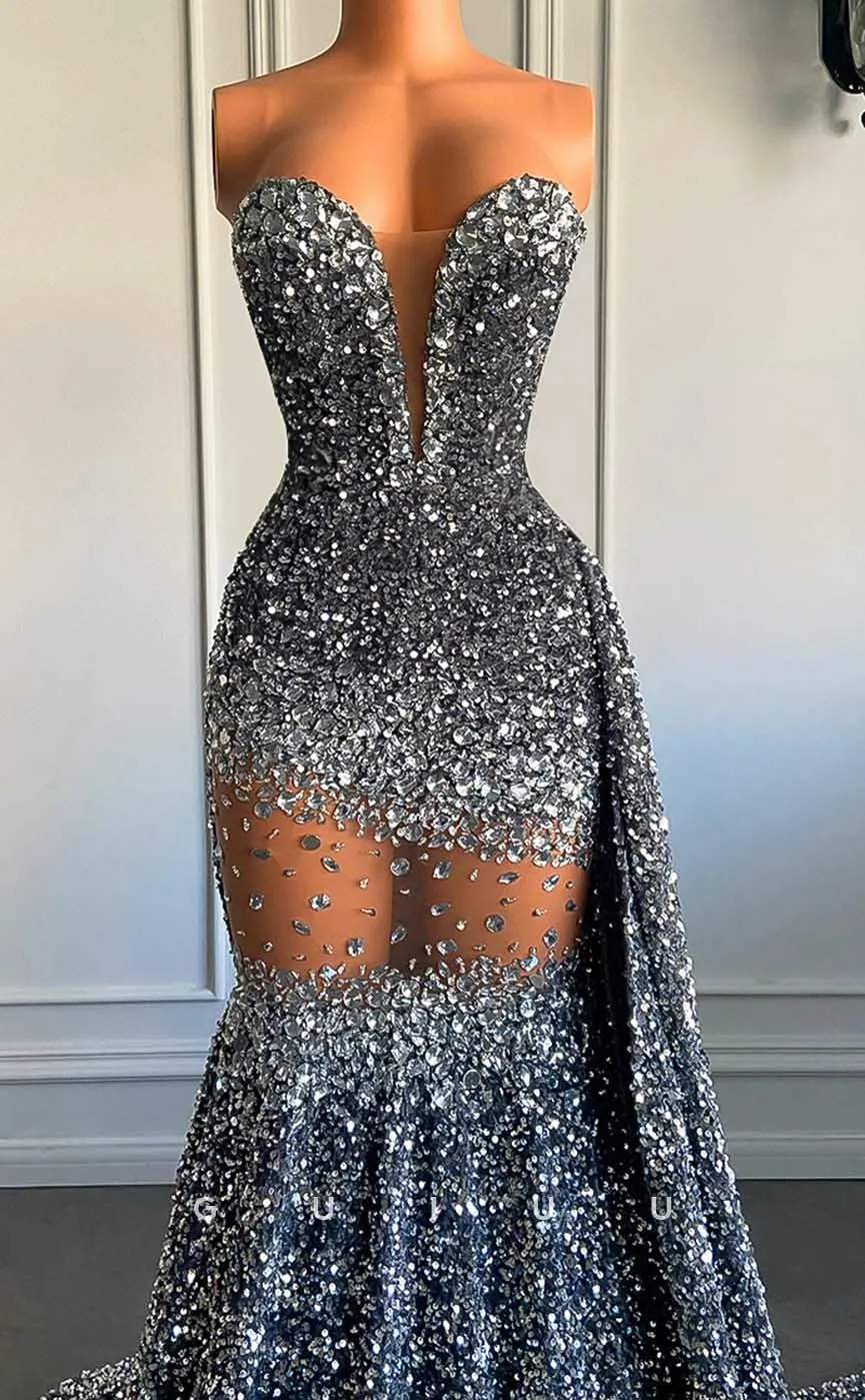 G4594 - Sexy & Hot Mermaid Deep V Neck Sleeveless Strapless Fully Sequined Prom Party Dress with Court Train