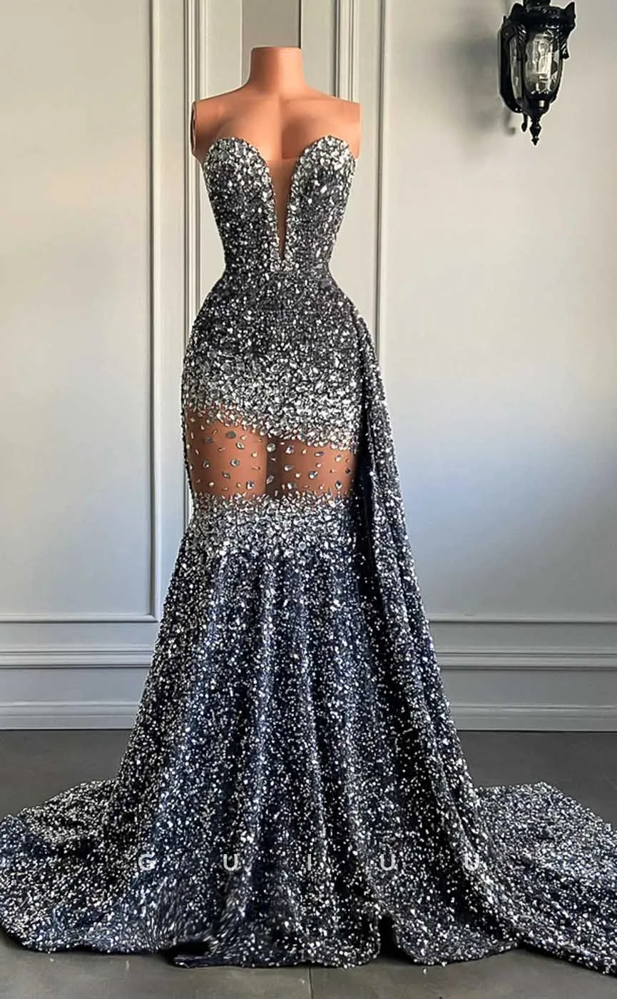 G4594 - Sexy & Hot Mermaid Deep V Neck Sleeveless Strapless Fully Sequined Prom Party Dress with Court Train