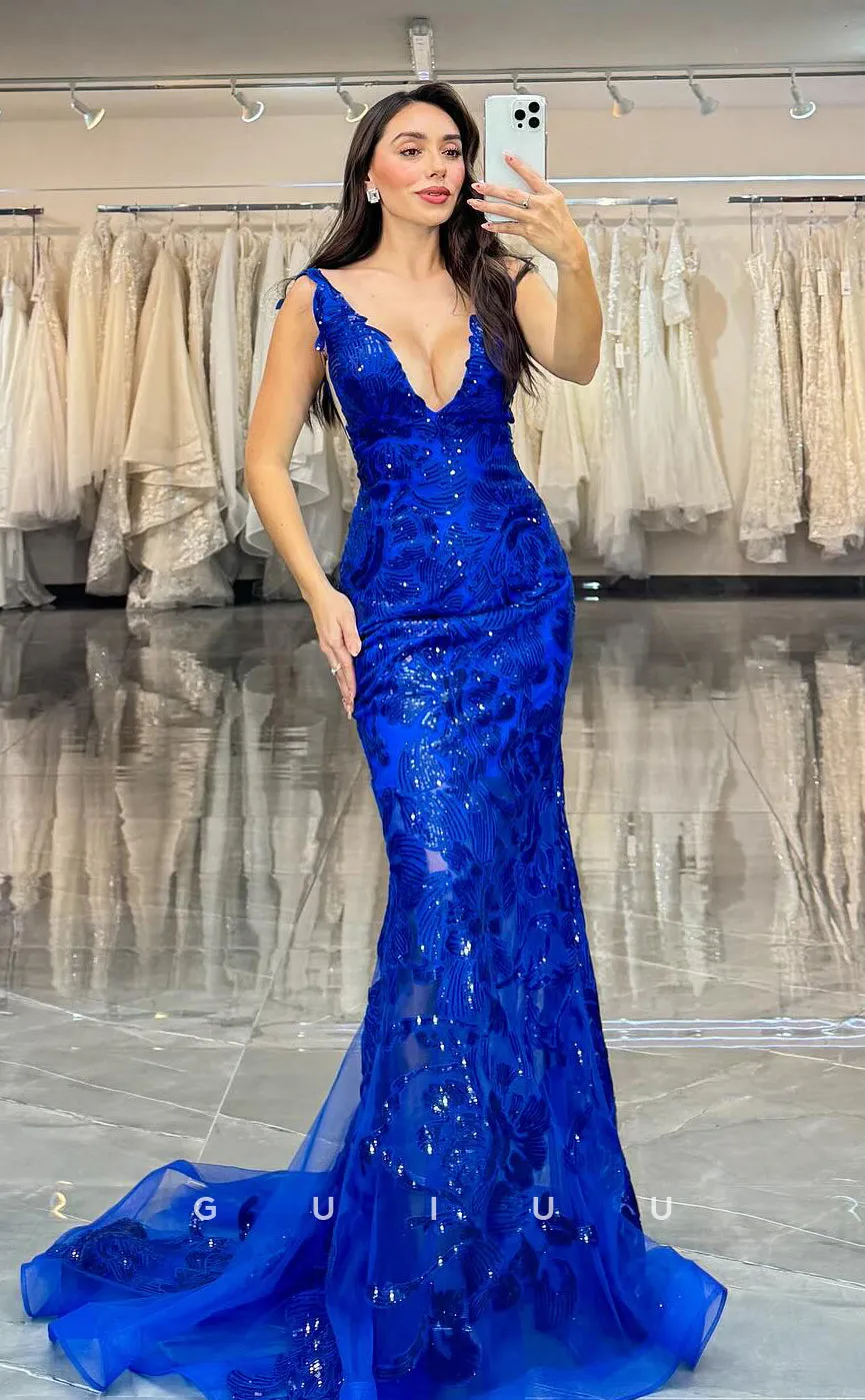 G4695 -  Mermaid V Neck Straps Sleeveless Fully Sequined Appliques Backless Court Train Long Prom Dress