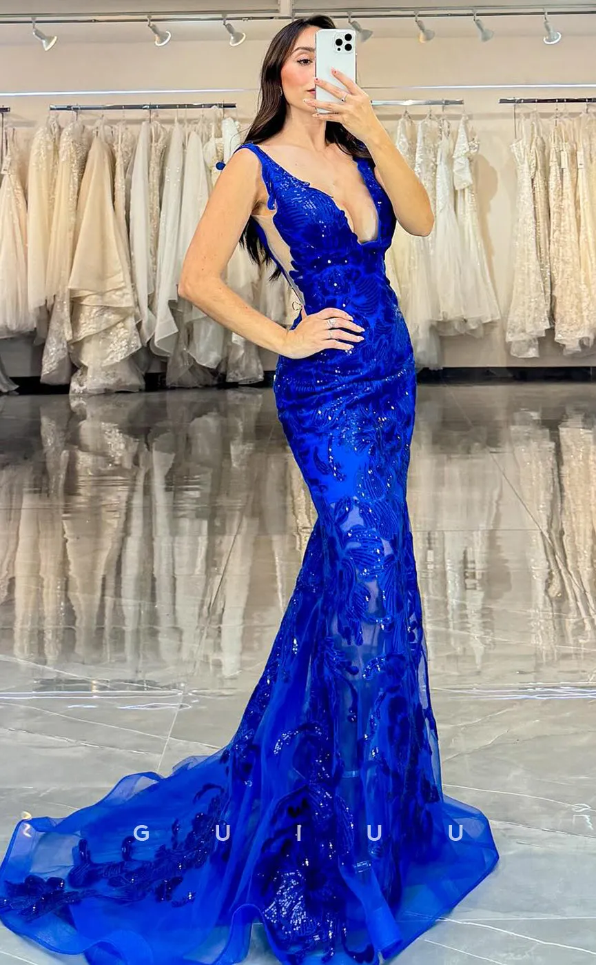 G4695 -  Mermaid V Neck Straps Sleeveless Fully Sequined Appliques Backless Court Train Long Prom Dress