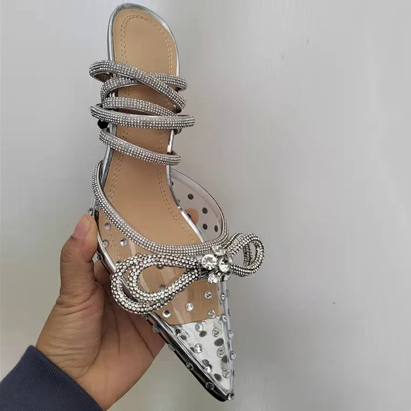 Glitter Rhinestones Crystal bowknot Satin Genuine leather High heels