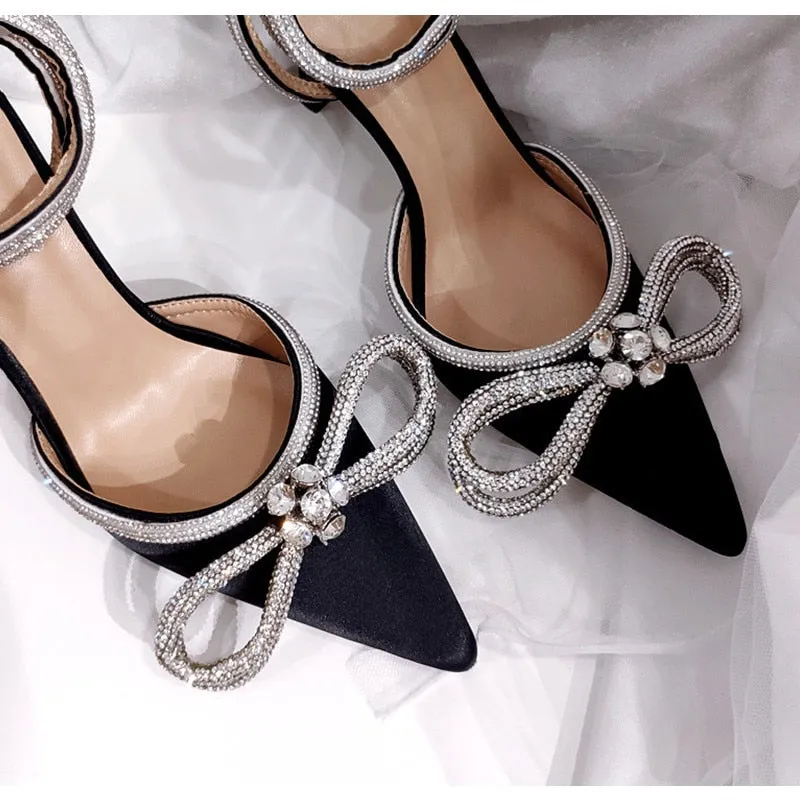 Glitter Rhinestones Crystal bowknot Satin Genuine leather High heels