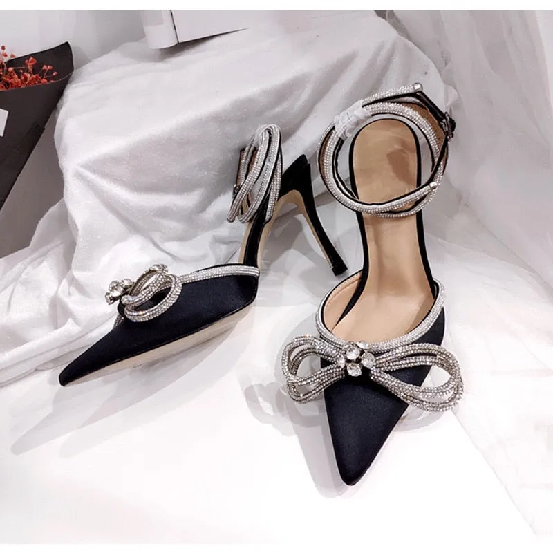 Glitter Rhinestones Crystal bowknot Satin Genuine leather High heels