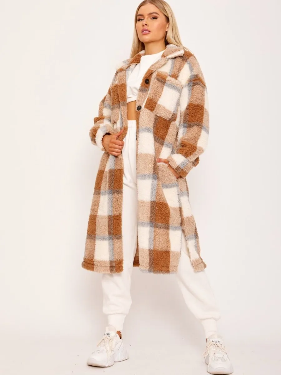 Gloria Check Teddy Borg Longline Coat In Stone