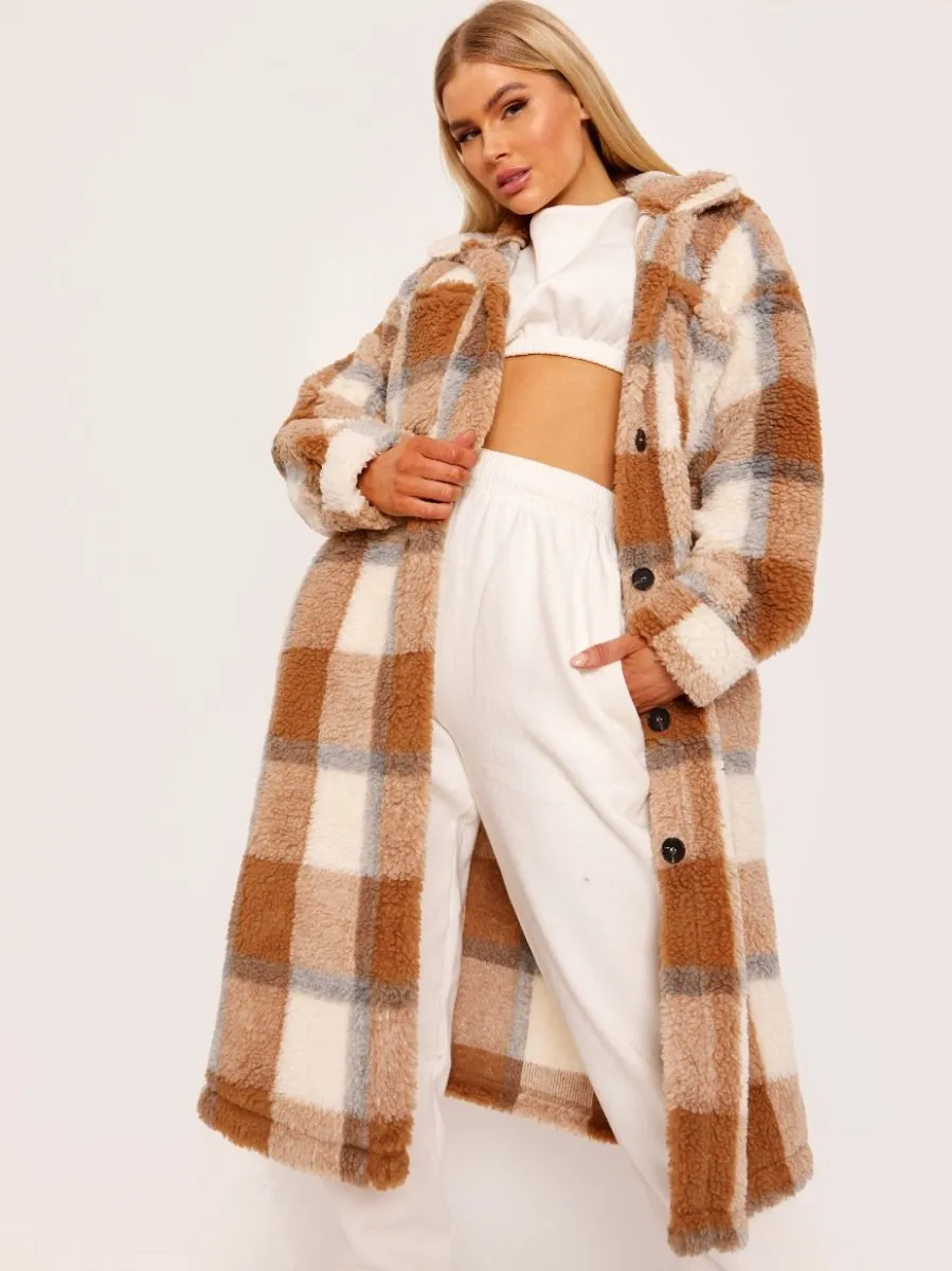 Gloria Check Teddy Borg Longline Coat In Stone