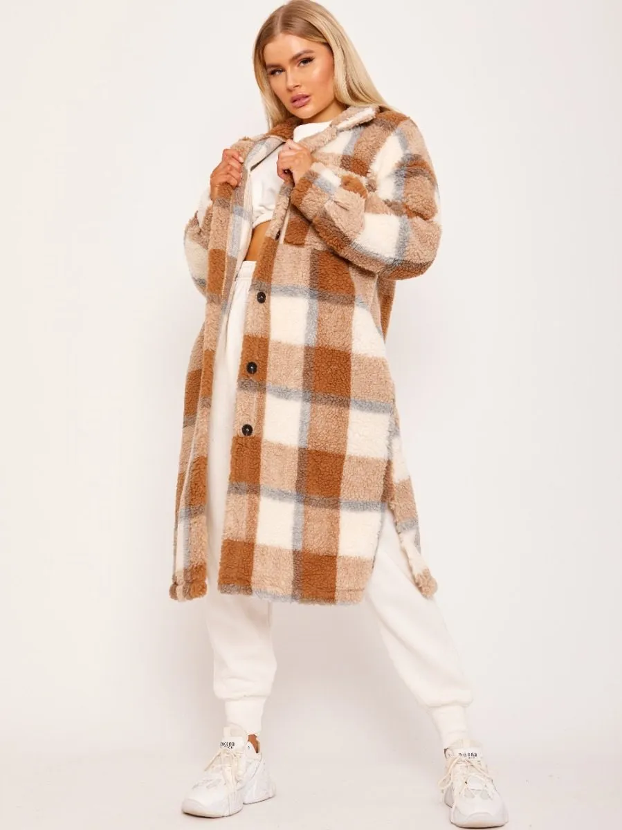 Gloria Check Teddy Borg Longline Coat In Stone