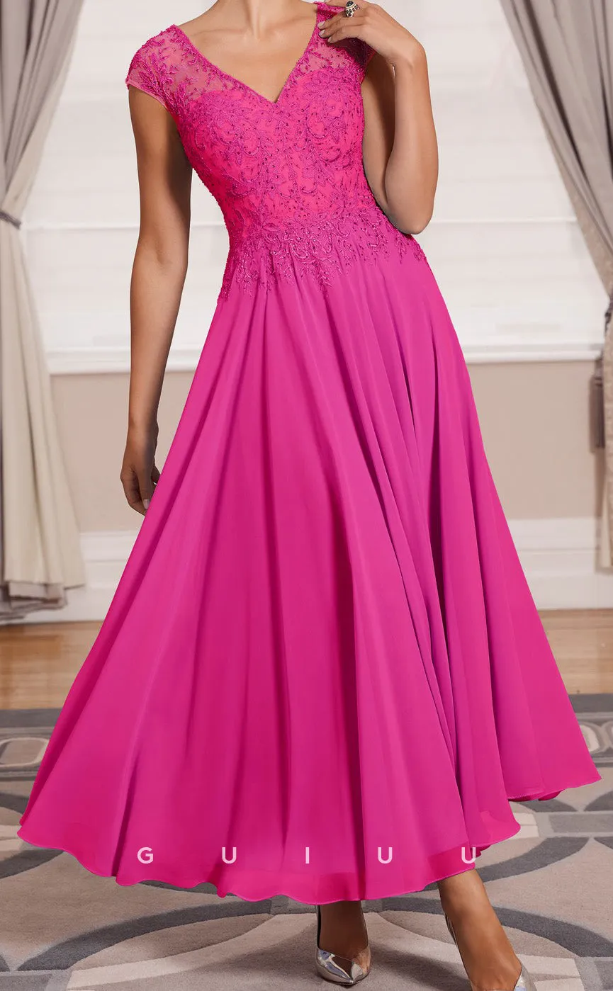 GM149 - A-Line V Neck Sleeveless Appliqued Tea Length Chiffon Mother of Bride Dress