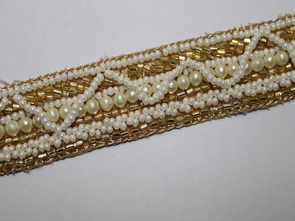 Golden White Fancy Beads and Pearl Work Embroidered Border