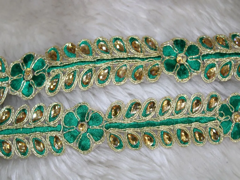 Green Floral Thread and Stone Work Embroidered Border