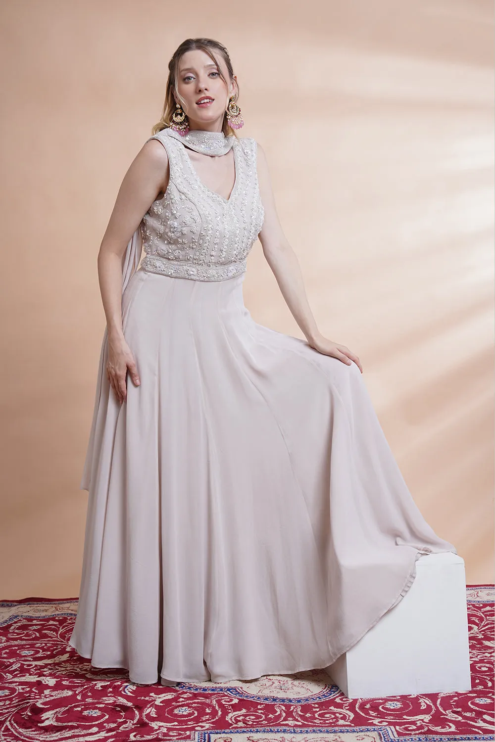 Grey Georgette Flare Gowns Set