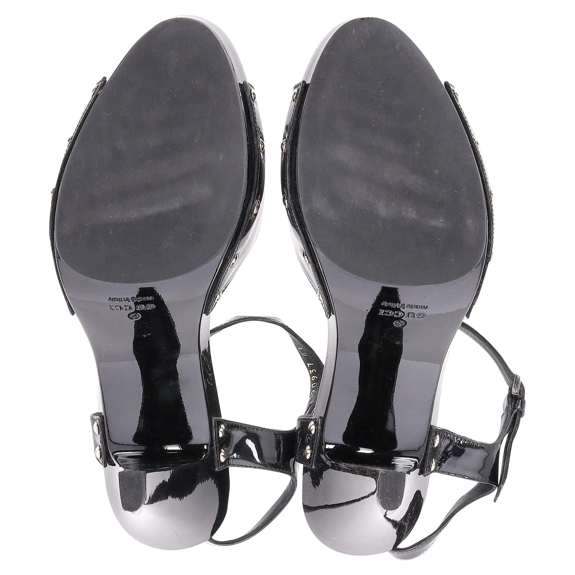 Gucci Horsebit Sandal Heels in Black Patent Leather