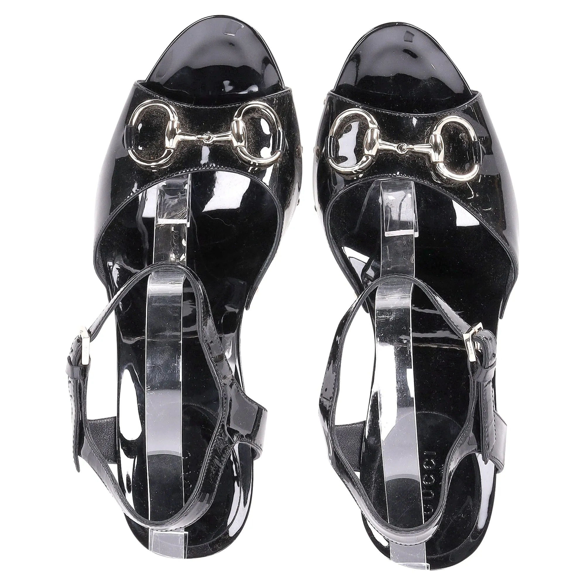 Gucci Horsebit Sandal Heels in Black Patent Leather