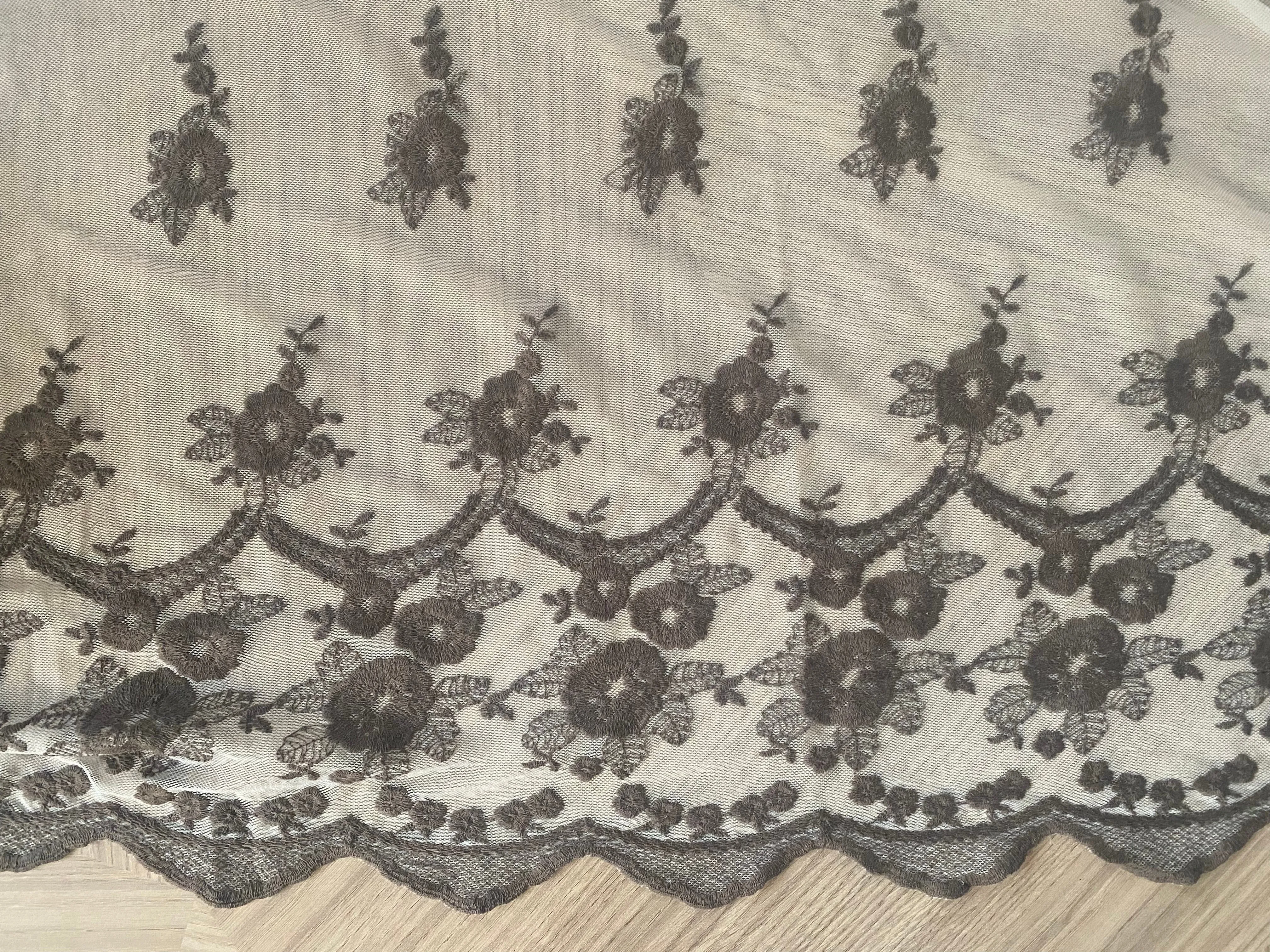 Haggle: Queen Tiffany Scalloped Edges Tulle Lace Mesh with Embroidery Fabric- White and Grey