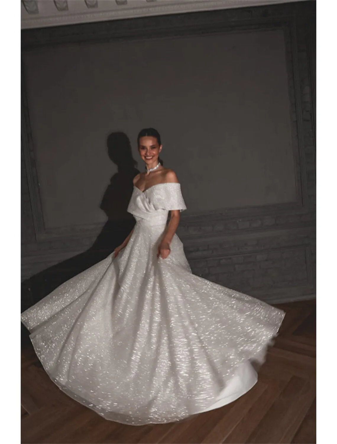 Hall Sparkle & Shine Casual Wedding Dresses A-Line Off Shoulder Cap Sleeve Sweep / Brush Train Sequined Bridal Gowns With Solid Color 2023 Summer Wedding Party