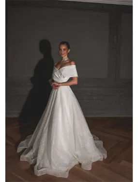 Hall Sparkle & Shine Casual Wedding Dresses A-Line Off Shoulder Cap Sleeve Sweep / Brush Train Sequined Bridal Gowns With Solid Color 2023 Summer Wedding Party