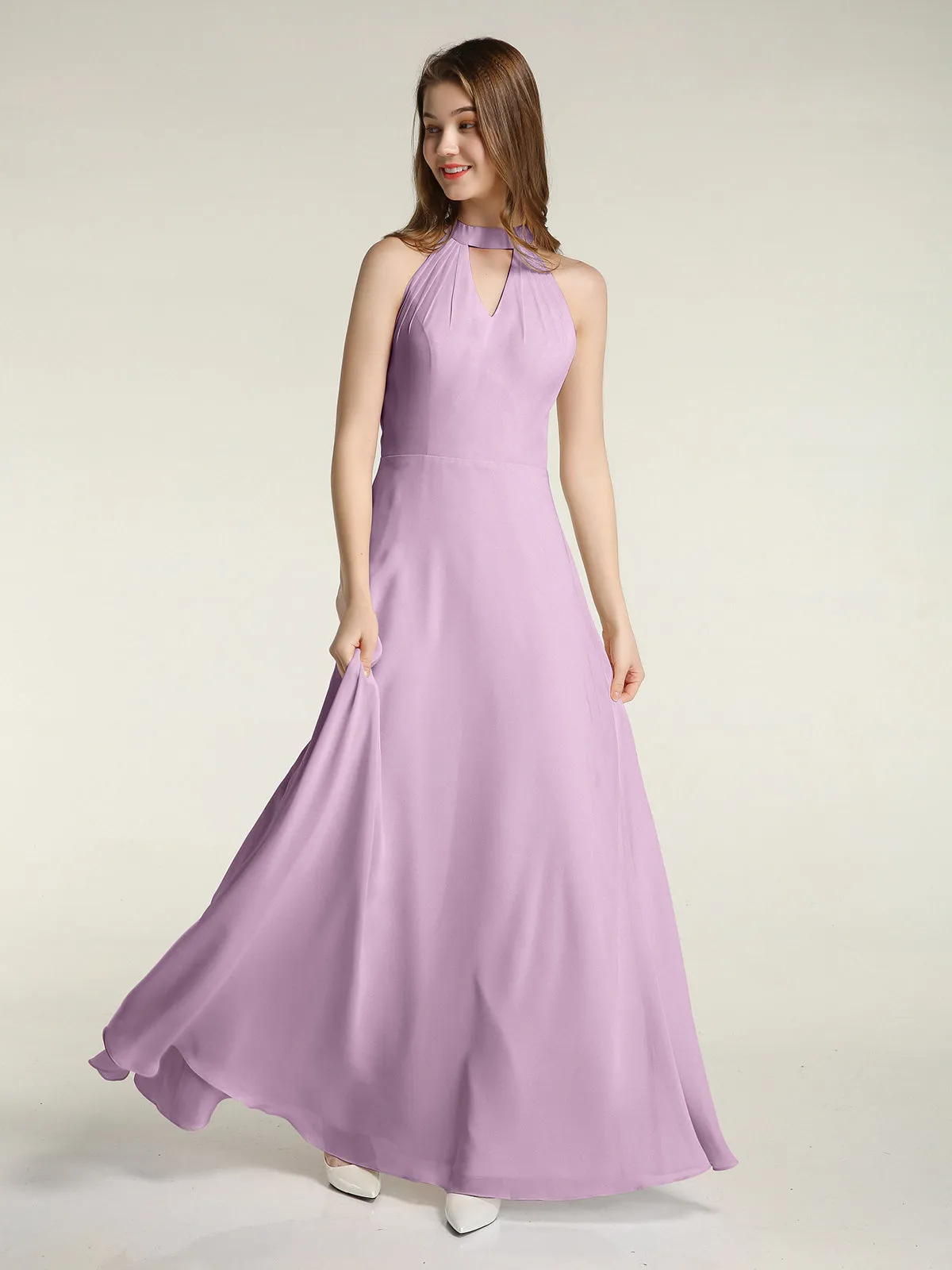 Halter Chiffon Long Bridesmaid Gowns with Low Back-Wisteria