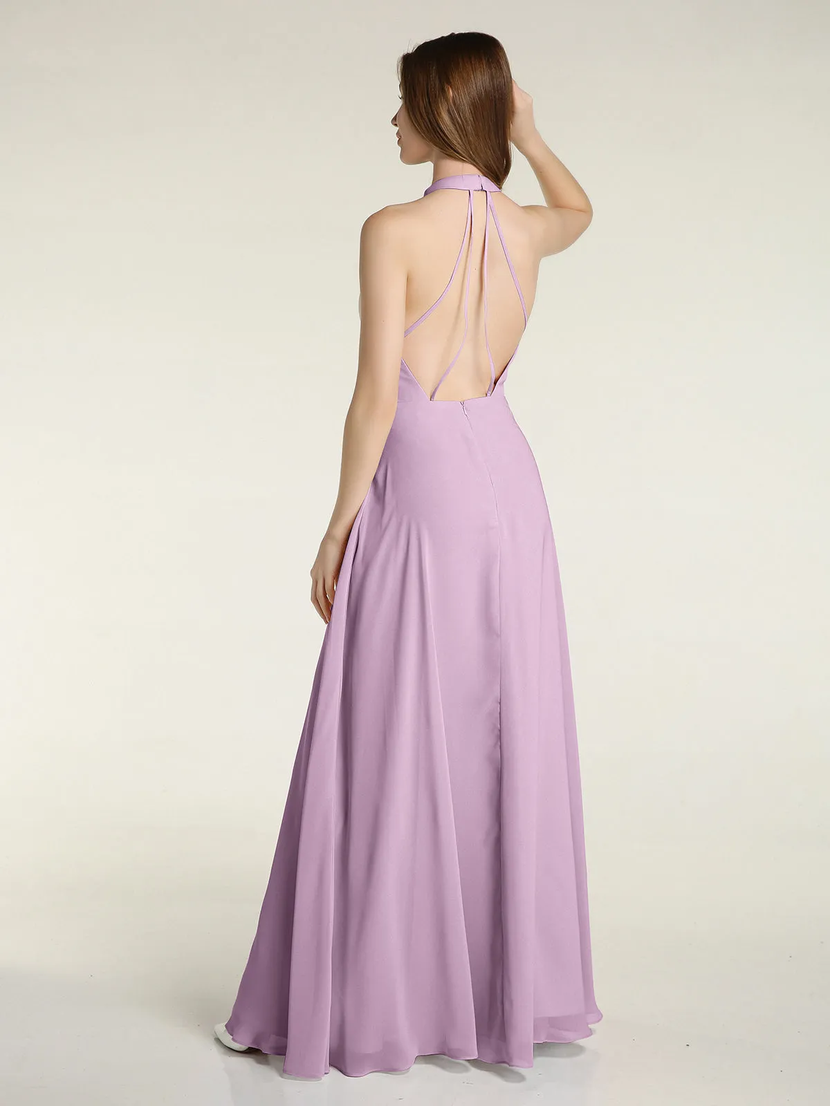 Halter Chiffon Long Bridesmaid Gowns with Low Back-Wisteria