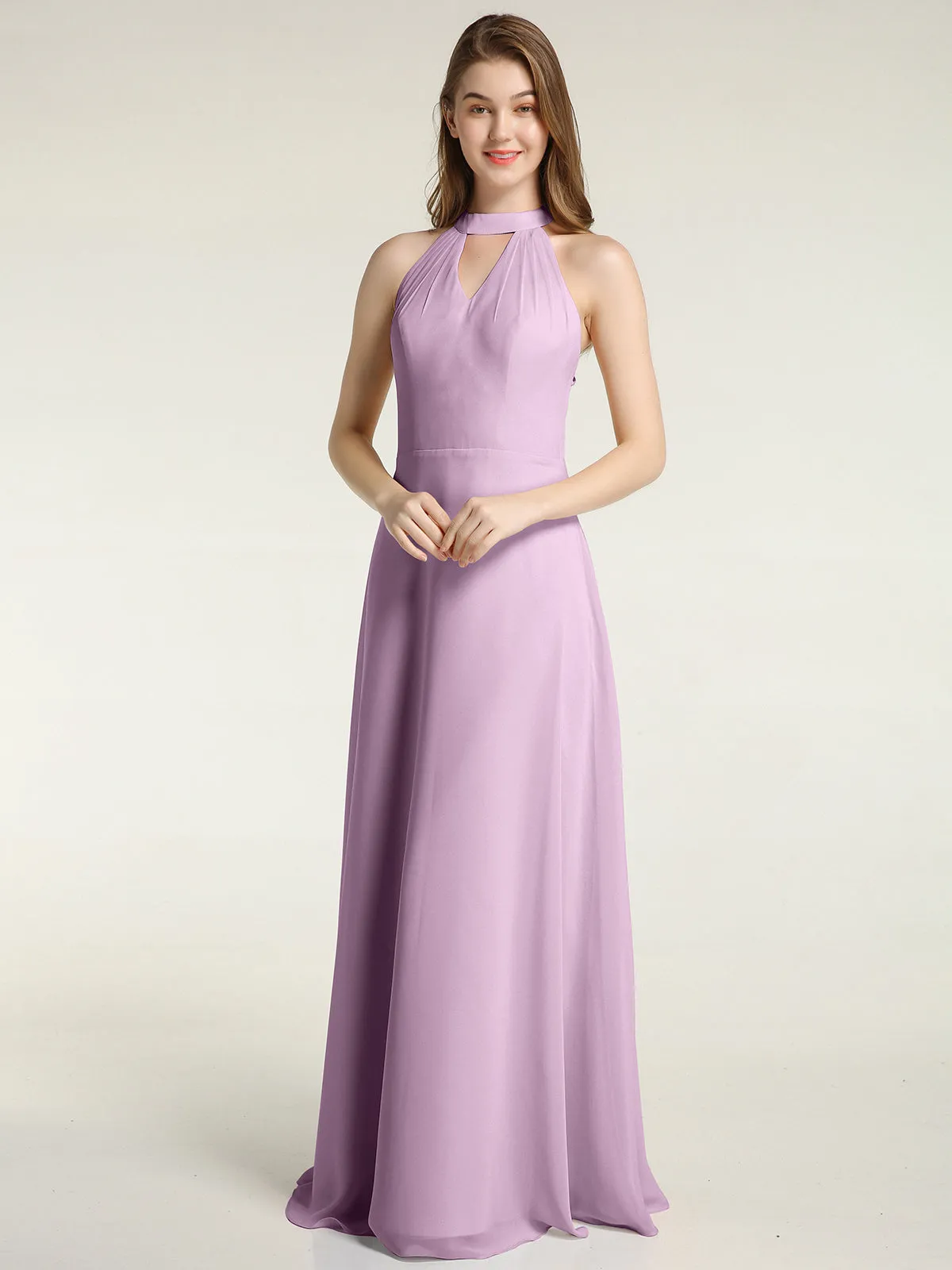 Halter Chiffon Long Bridesmaid Gowns with Low Back-Wisteria