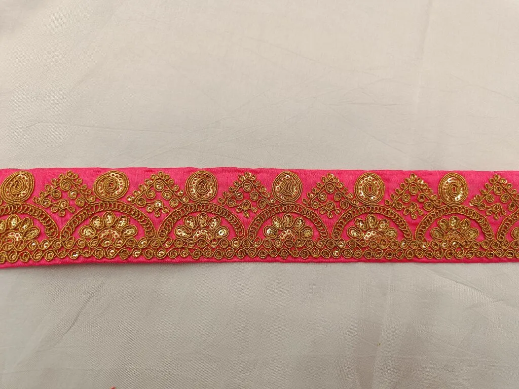 Hot Pink & Golden Chord Sequins Embroidered Border