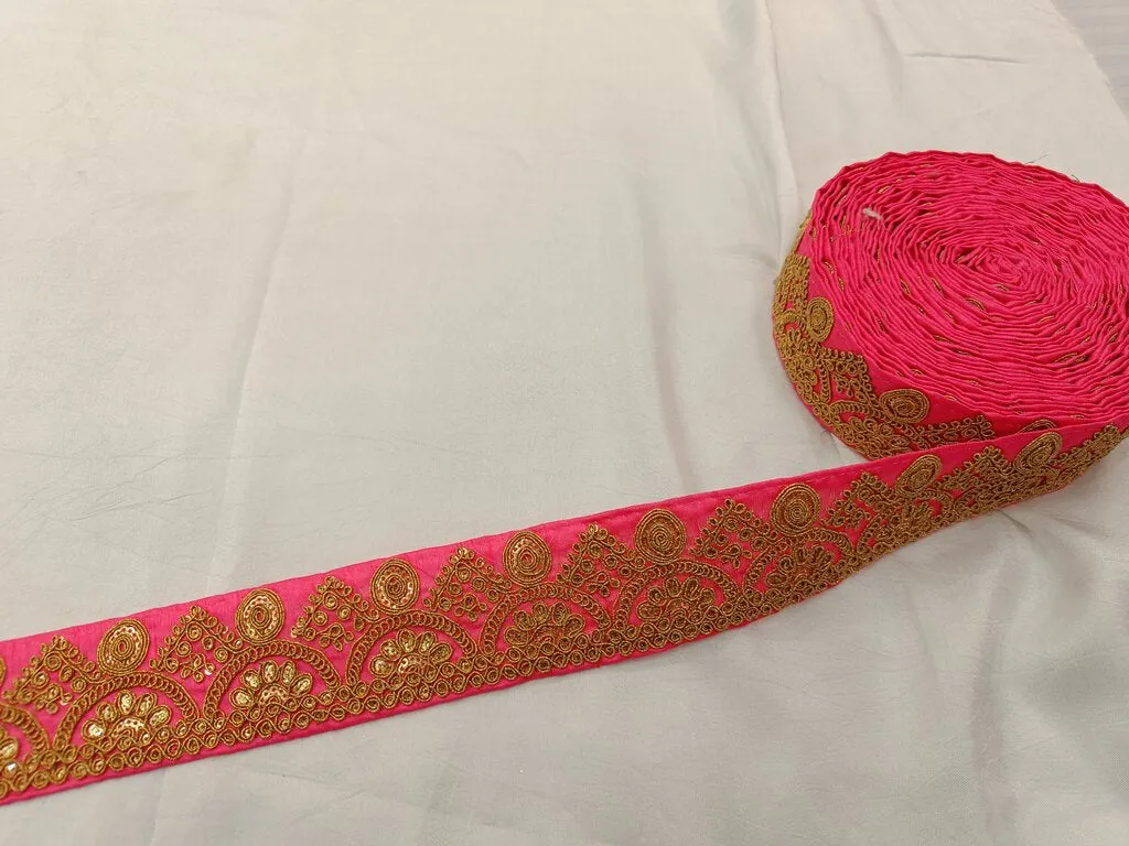 Hot Pink & Golden Chord Sequins Embroidered Border