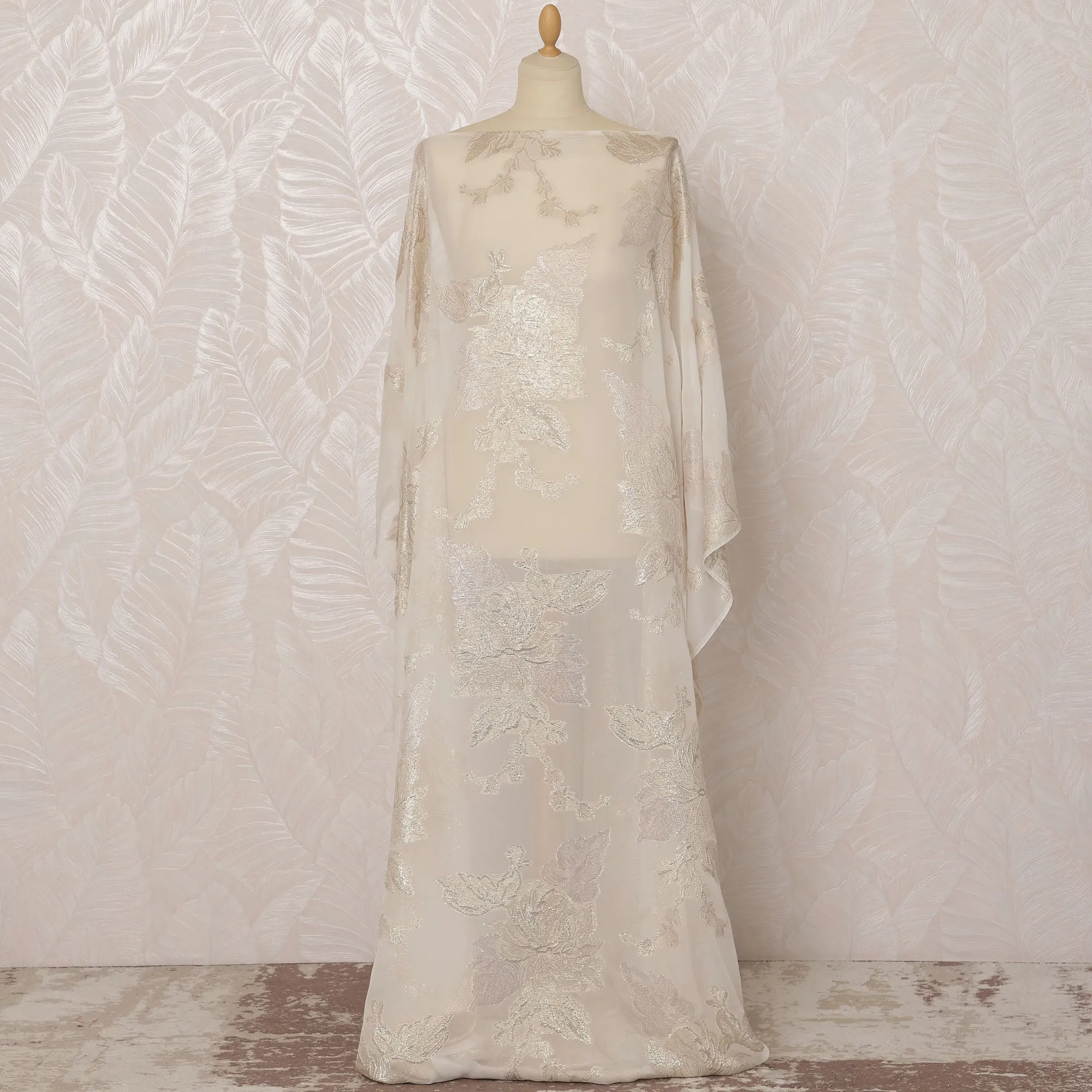 Ivory and Silver Floral French Silk (Fransawi) Chiffon Dirac Fabric with Metallic Lurex, 3.5 Meters, 140 cm Width-D20821