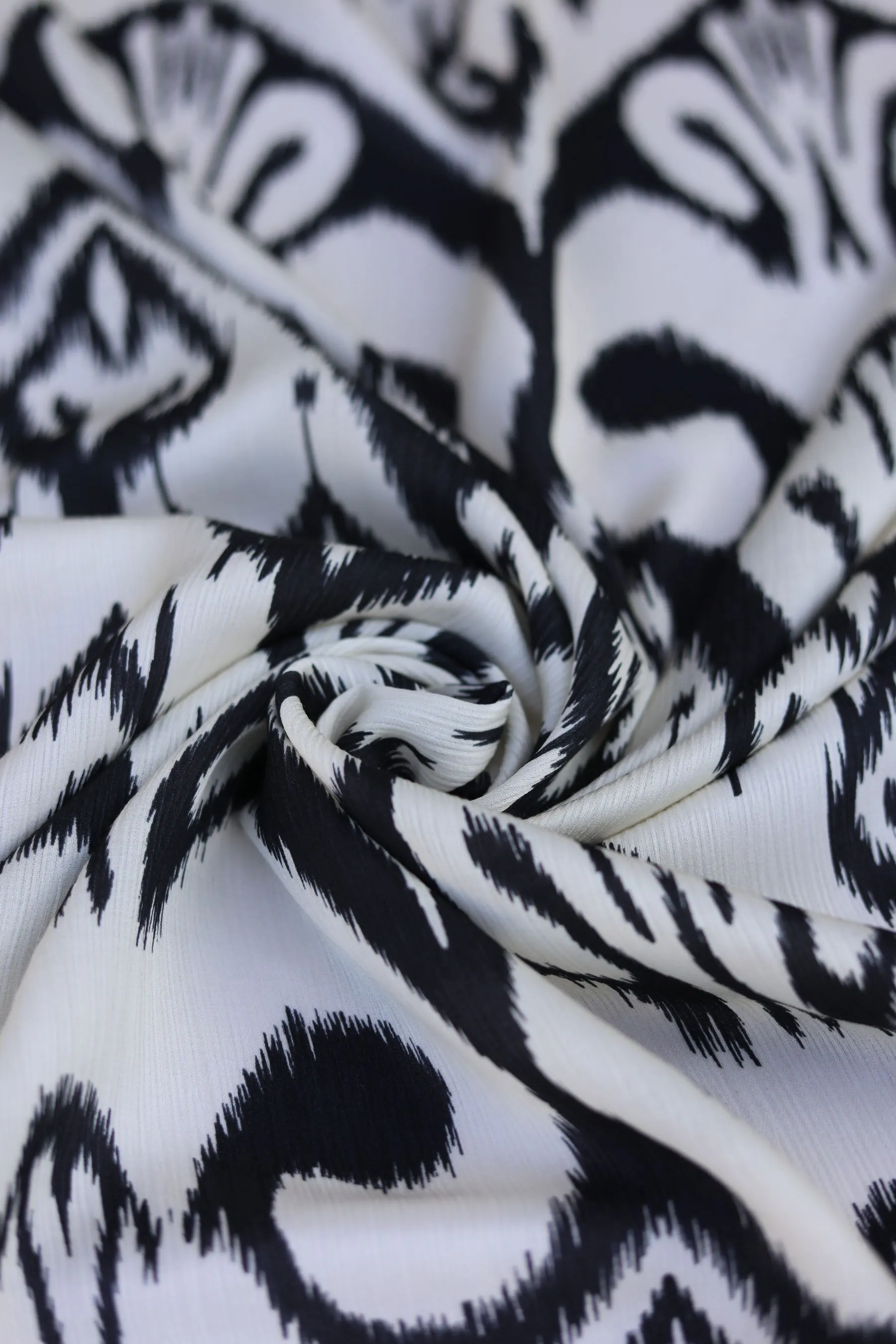 Ivory Ikat Inspired Pattern Printed Heavy Munga Chiffon Satin Fabric