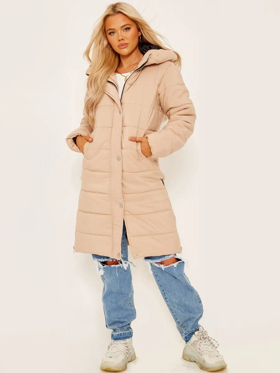 Jessica Long Sleeves Longline Padded Hooded Coat In Stone