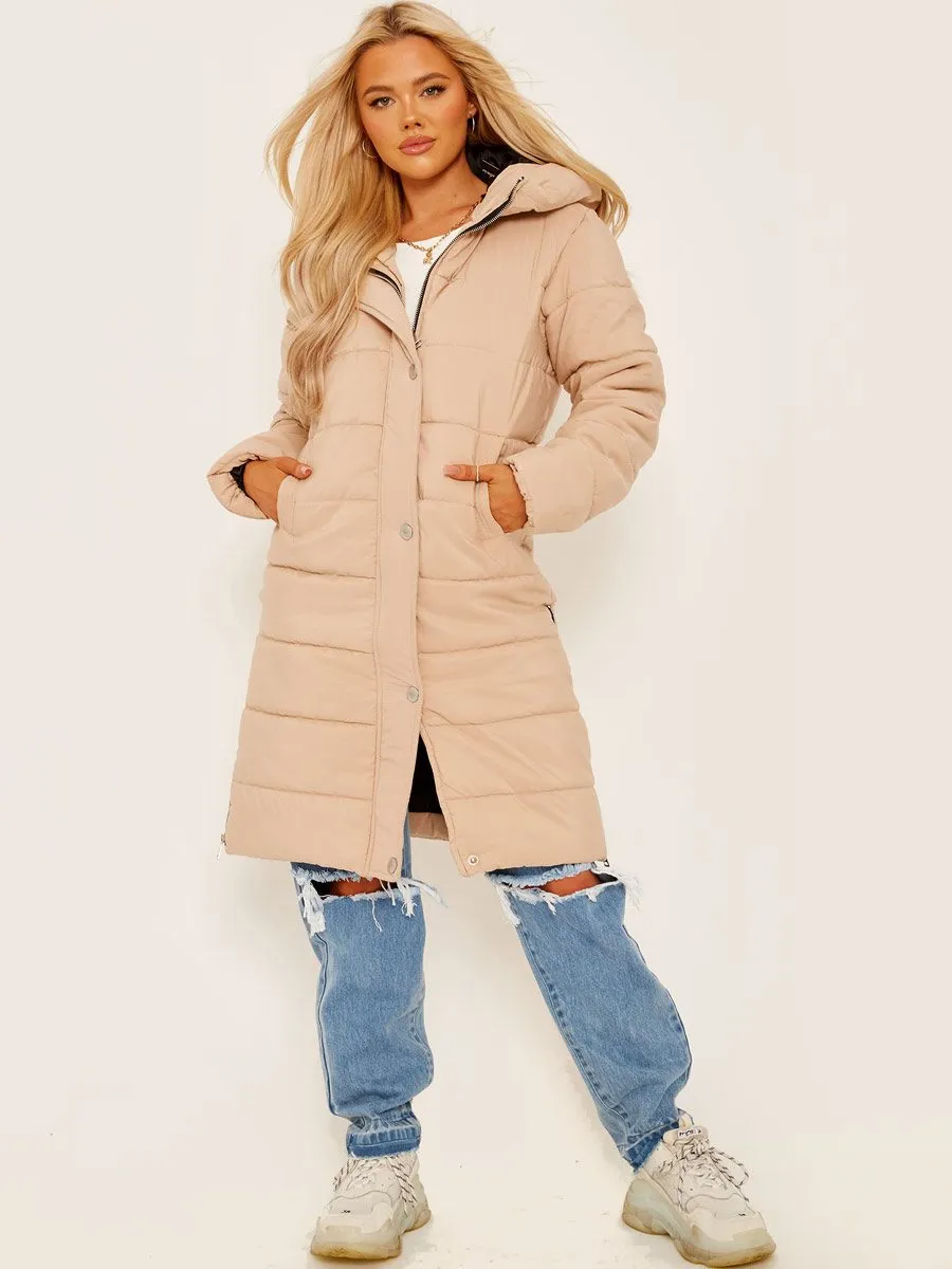 Jessica Long Sleeves Longline Padded Hooded Coat In Stone