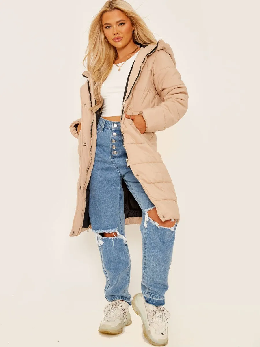 Jessica Long Sleeves Longline Padded Hooded Coat In Stone