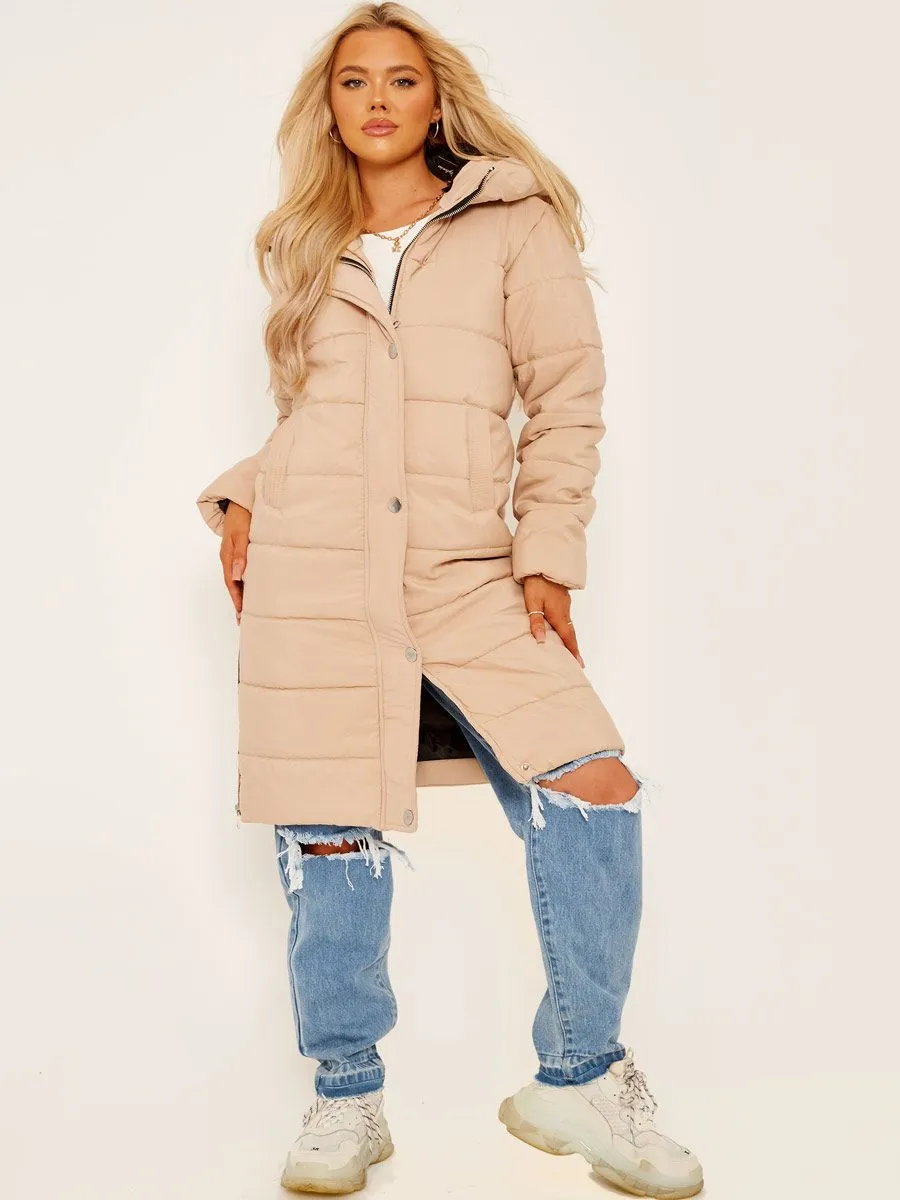 Jessica Long Sleeves Longline Padded Hooded Coat In Stone