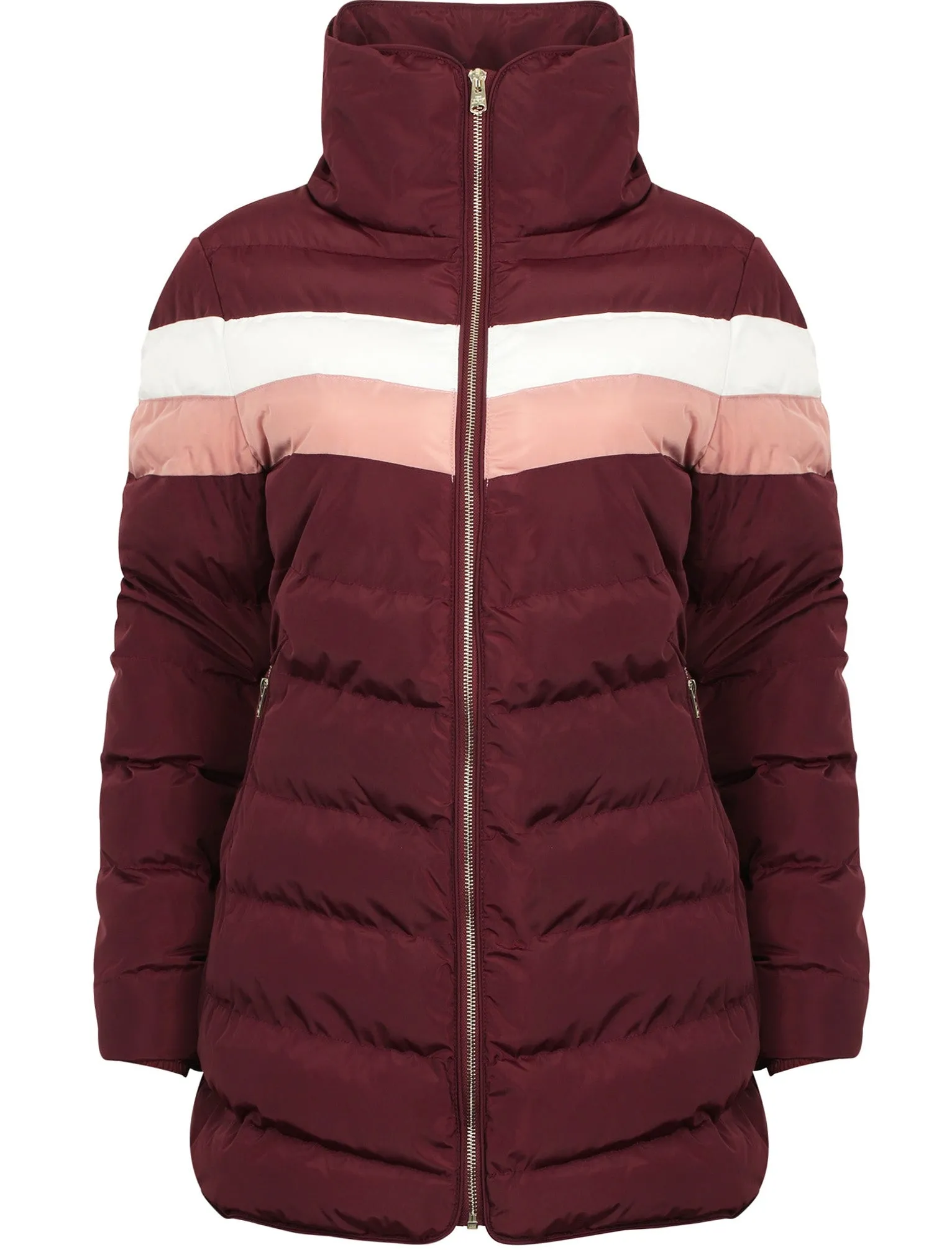 Kernel Longline Puffer Coat with Chevron Panel In Burgundy - Tokyo Laundry