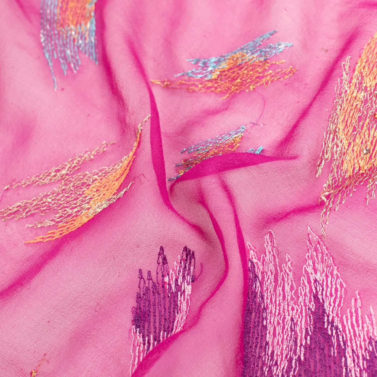 Lace Edged Embroidered Pure Silk Chiffon Magenta