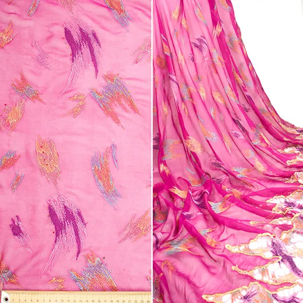 Lace Edged Embroidered Pure Silk Chiffon Magenta