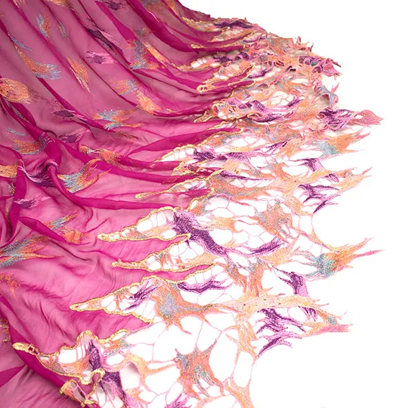 Lace Edged Embroidered Pure Silk Chiffon Magenta