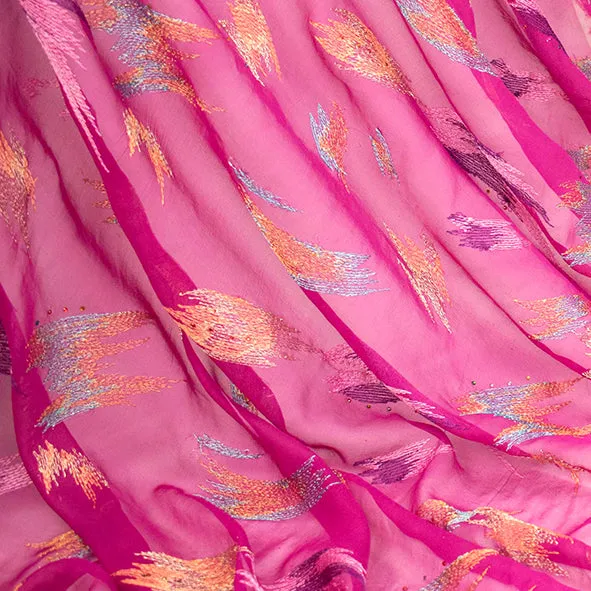 Lace Edged Embroidered Pure Silk Chiffon Magenta