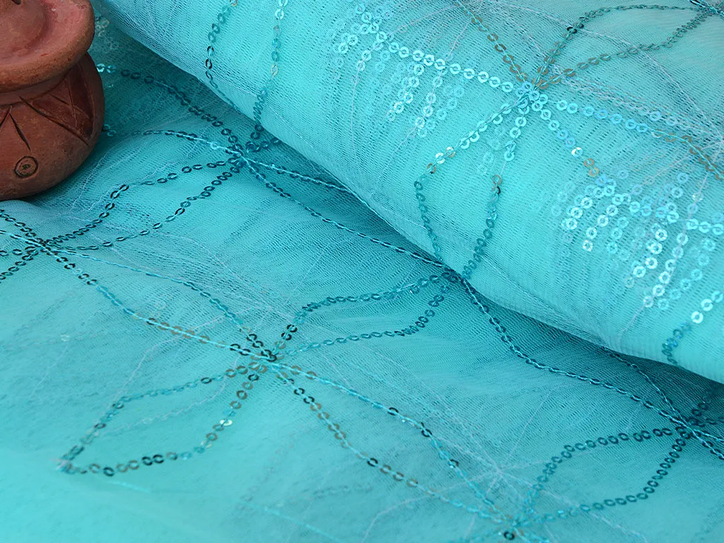 Light Aqua Geometric Blue Thread & Sequins Geometric Embroidered Net Fabric