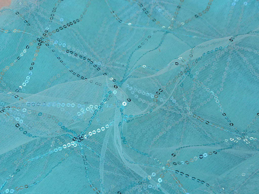 Light Aqua Geometric Blue Thread & Sequins Geometric Embroidered Net Fabric