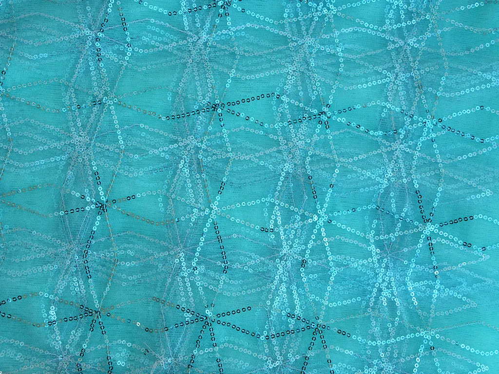 Light Aqua Geometric Blue Thread & Sequins Geometric Embroidered Net Fabric