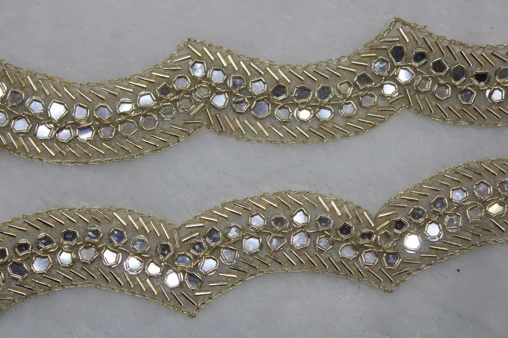 Light Golden Fancy Beads and Mirror Work Embroidered Border