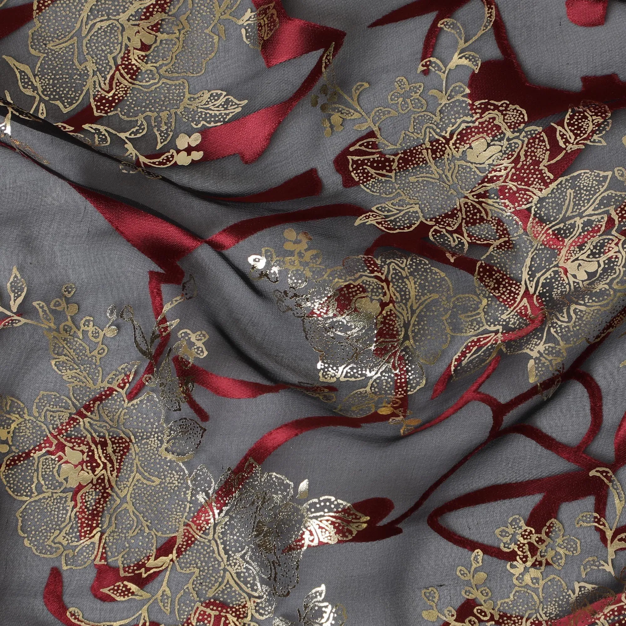 Metallic Bloom Silk Chiffon Fabric - Exquisite Floral Elegance, 110cm Width (South Korea)  - D17654